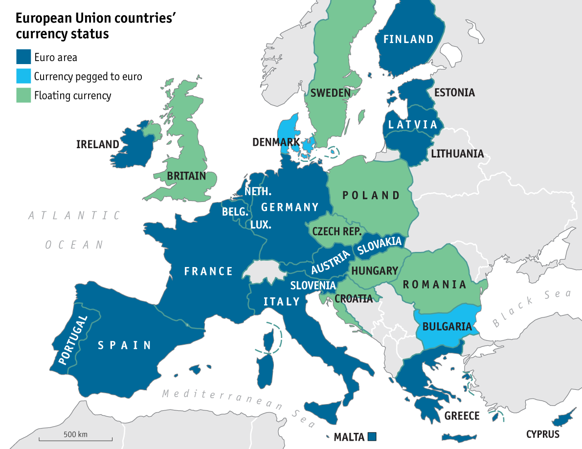 The map of European currencies