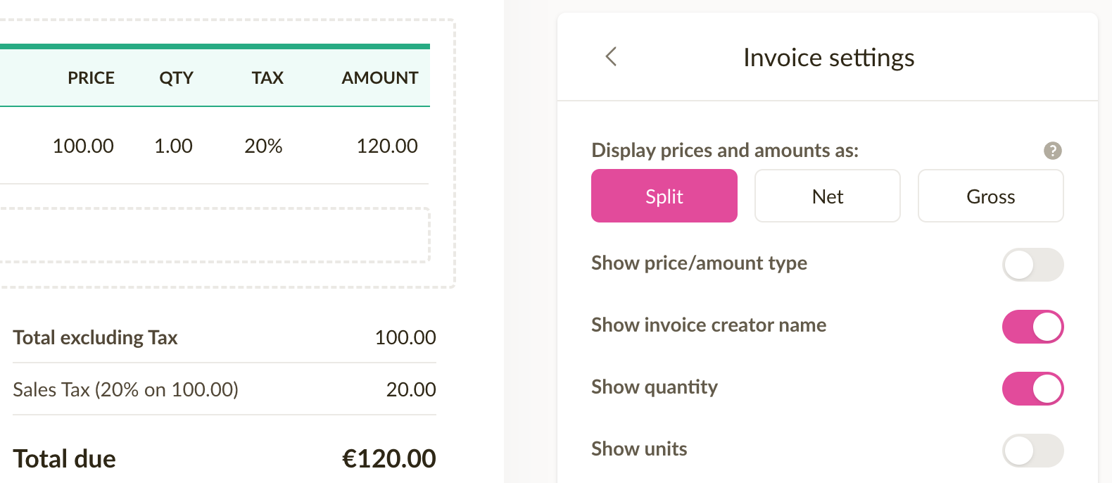 Invoice prices displayed using the split mode