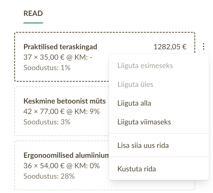 Kuvatõmmis näitamaks, kuidas menüü abil arve ridasid saab ümber järjestada mobiilses seadmes