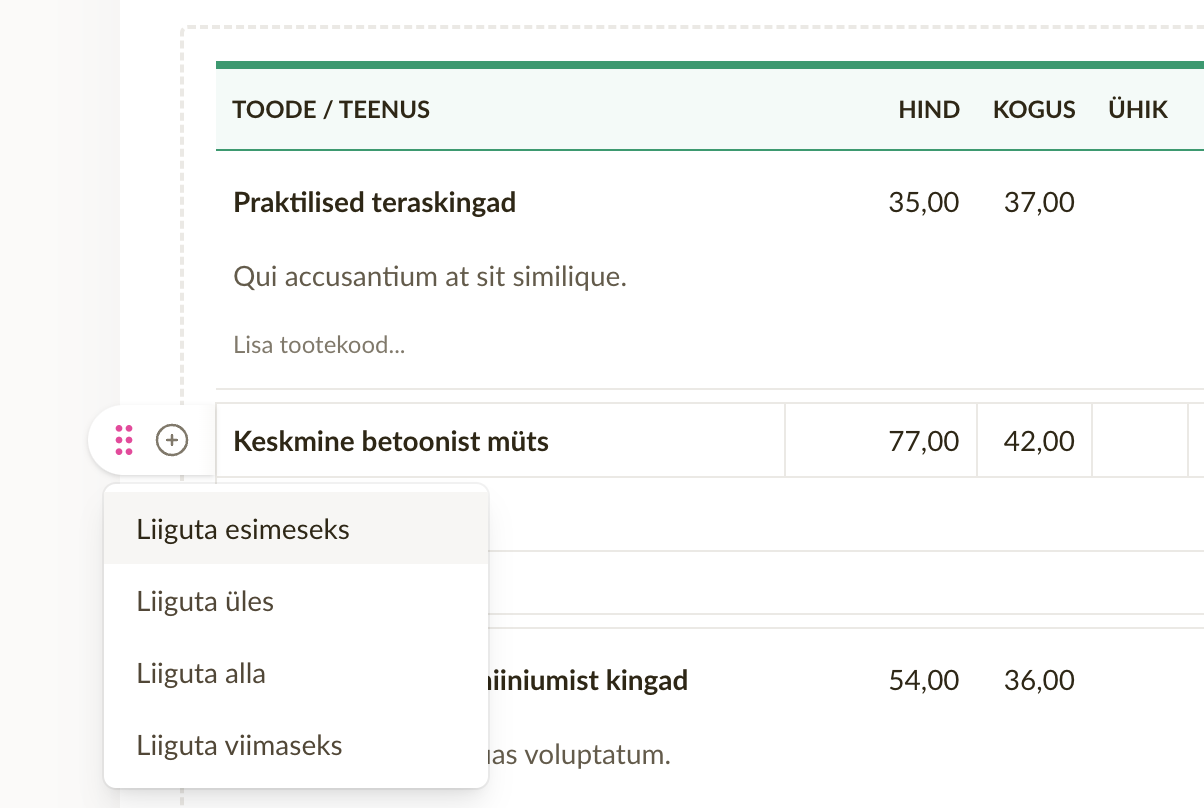 Kuvatõmmis näitamaks, kuidas menüü abil arve ridasid saab ümber järjestada