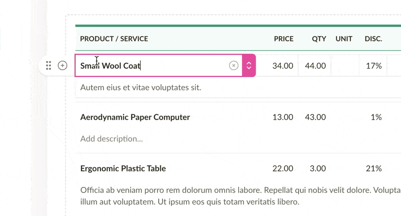 Animation showcasing drag and drop to reorder line items on invoices