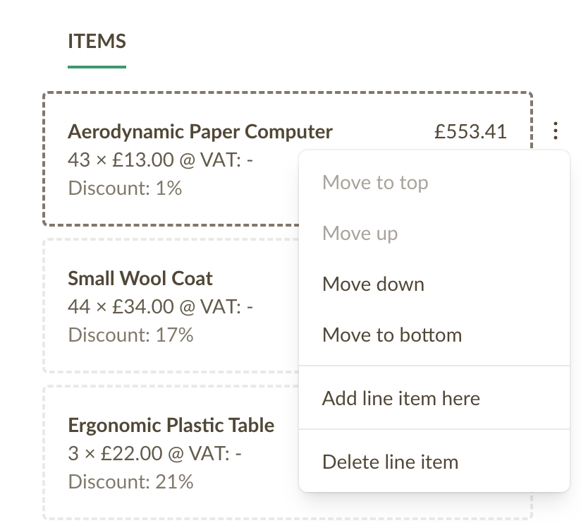 Screenshot showcasing how to reorder line items using the dropdown menu on a mobile device