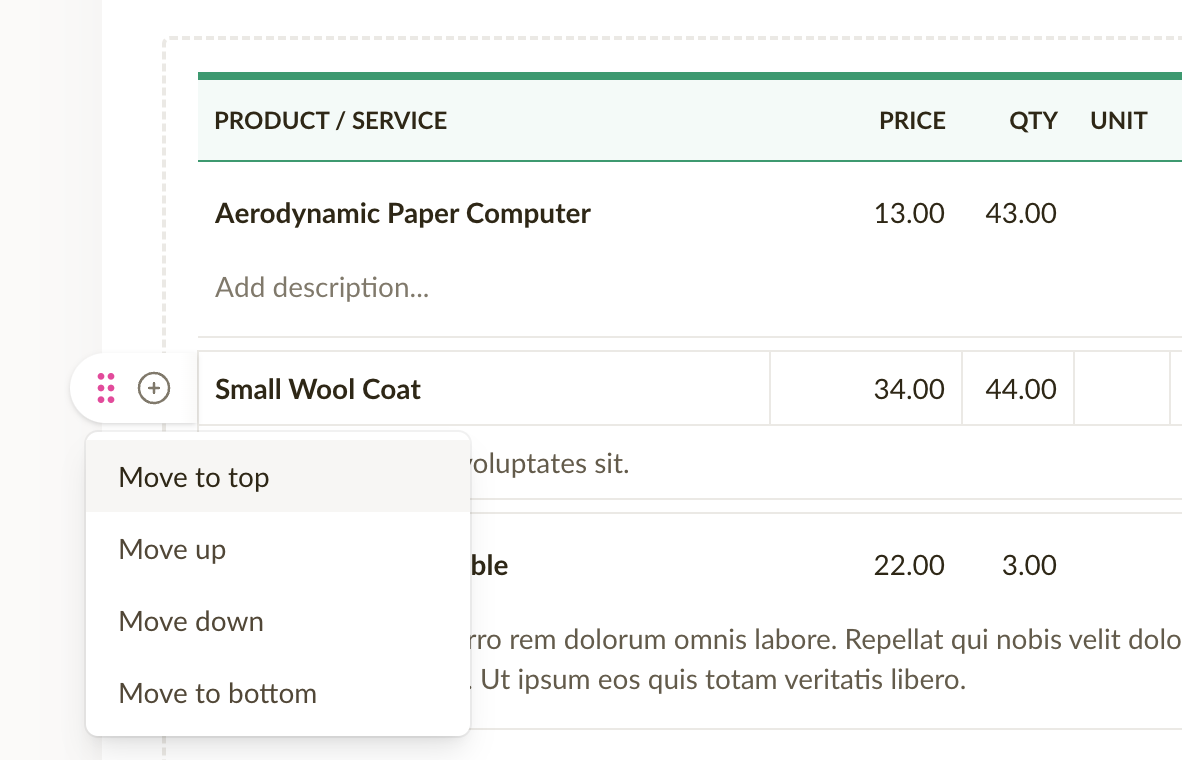 Screenshot showcasing how to reorder line items using the dropdown menu