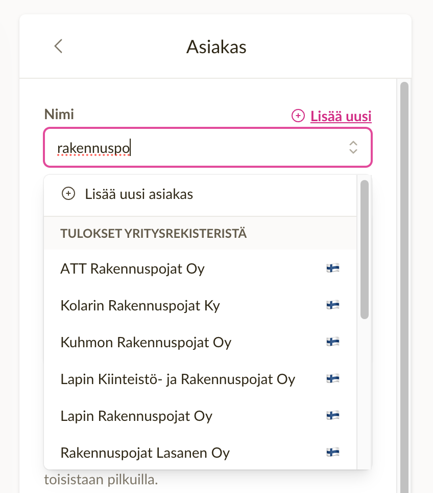 Kuvakaappaus, joka esittelee yritystietojen automaattisen täydennyksen