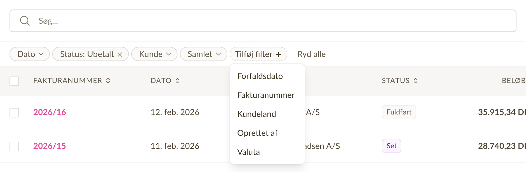 Fakturafiltre