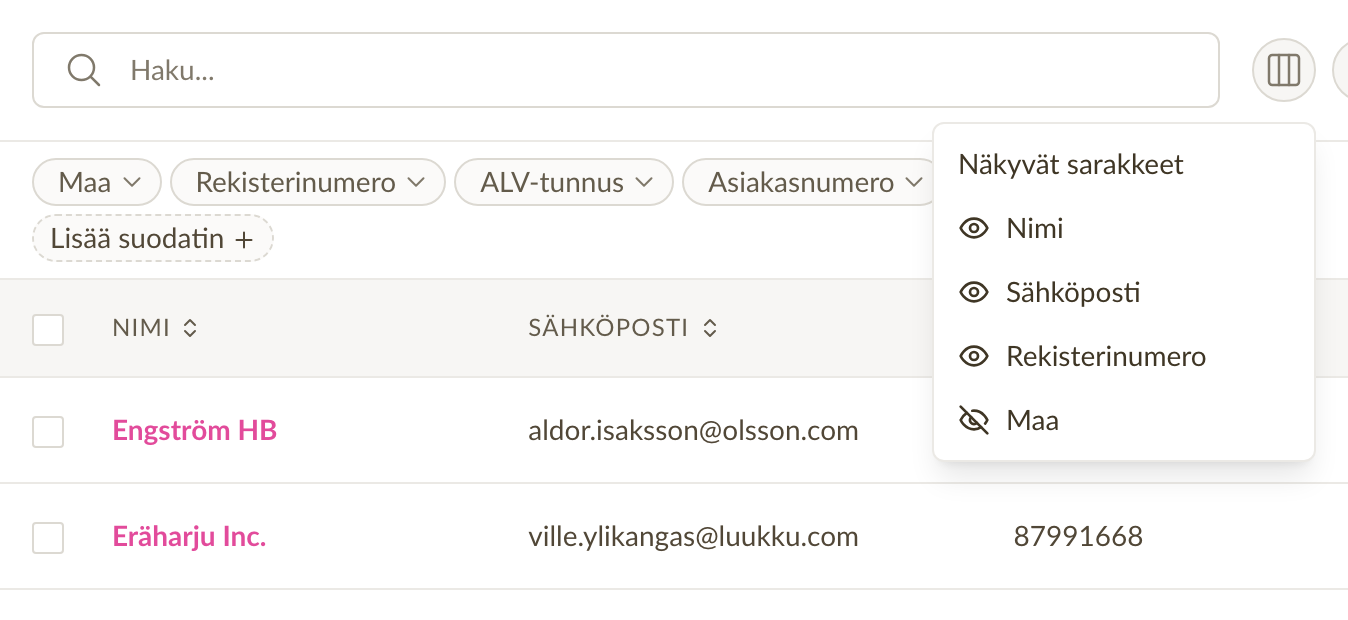 Mukautettavat sarakkeet