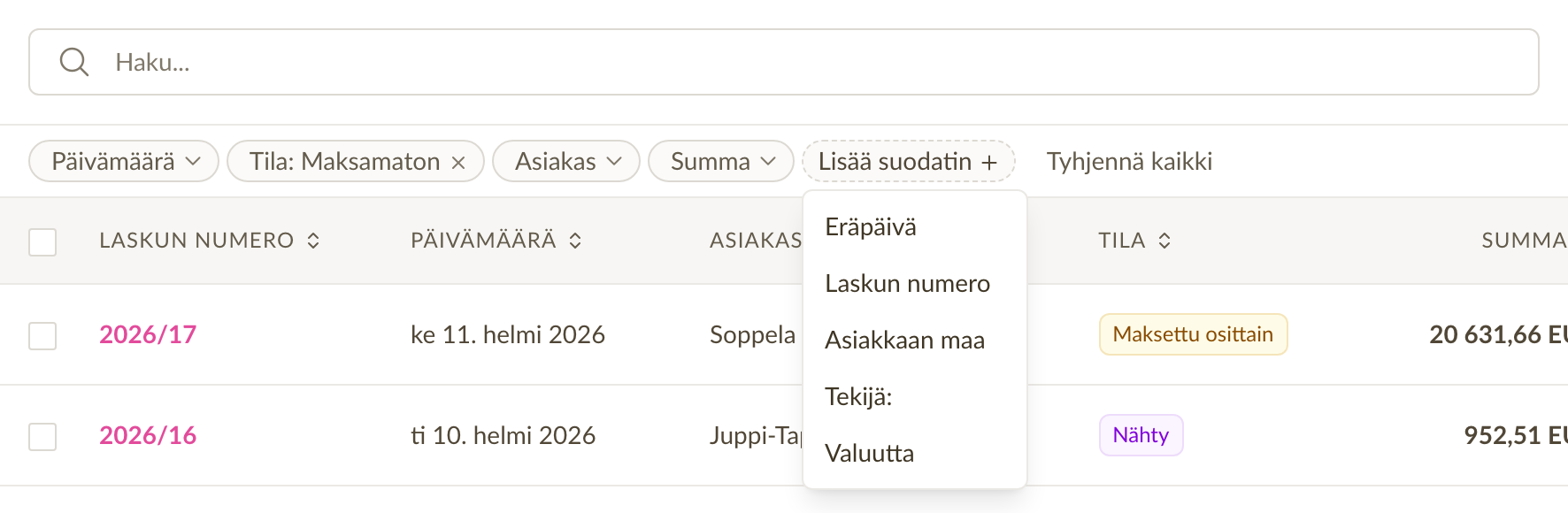 Laskujen suodattimet