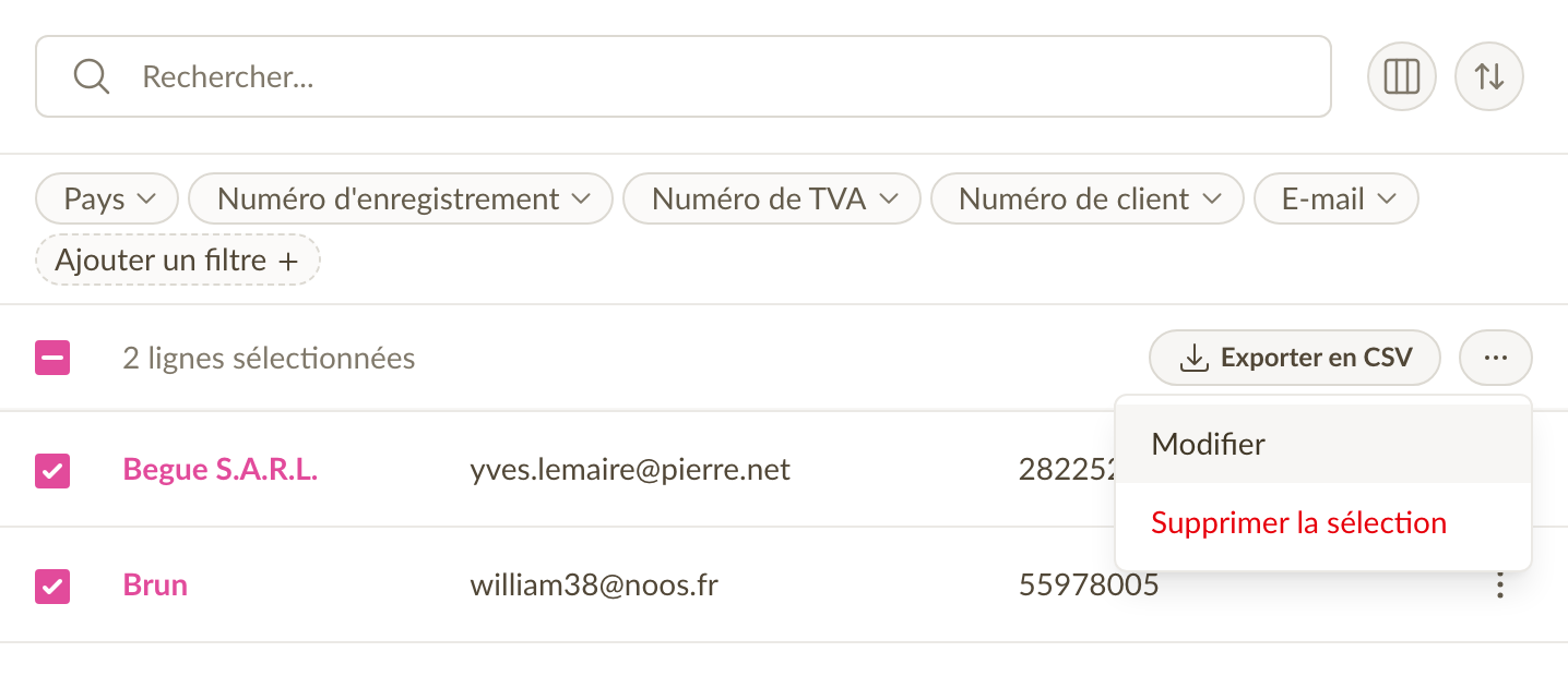 Actions groupées sur les clients