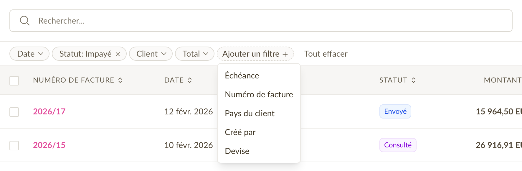 Filtres de factures