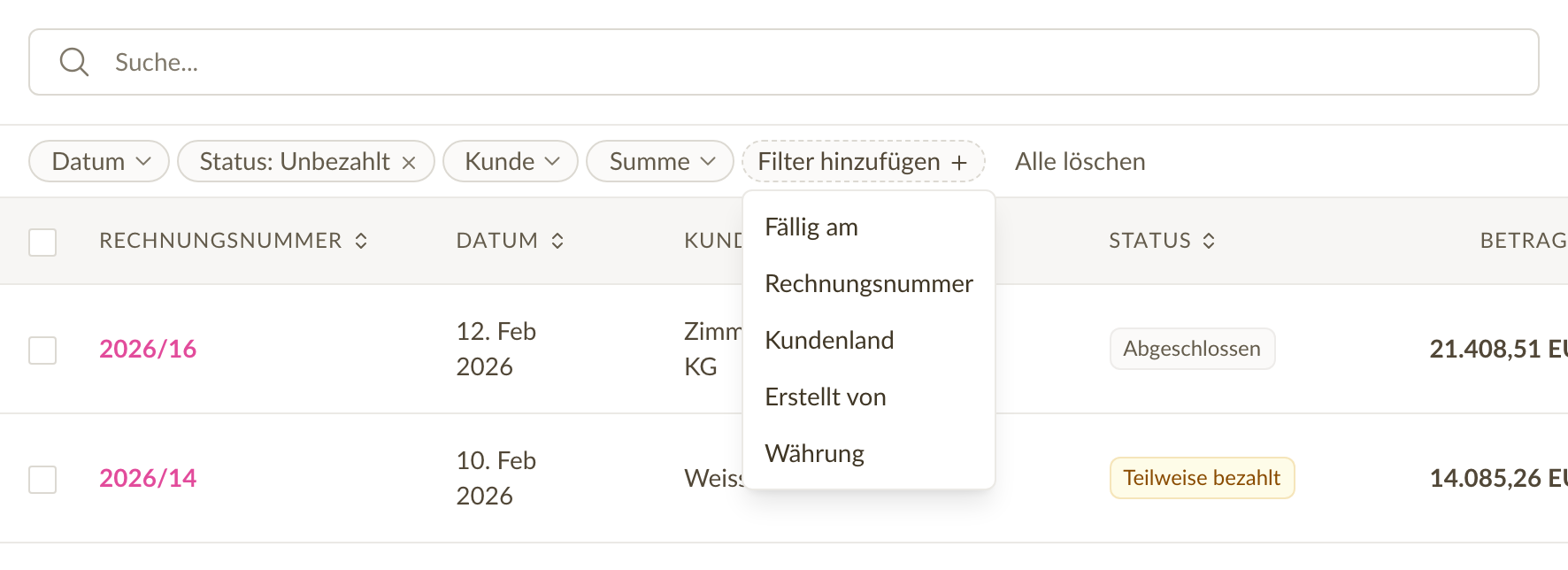 Rechnungsfilter