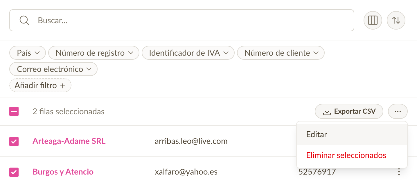 Acciones masivas de clientes