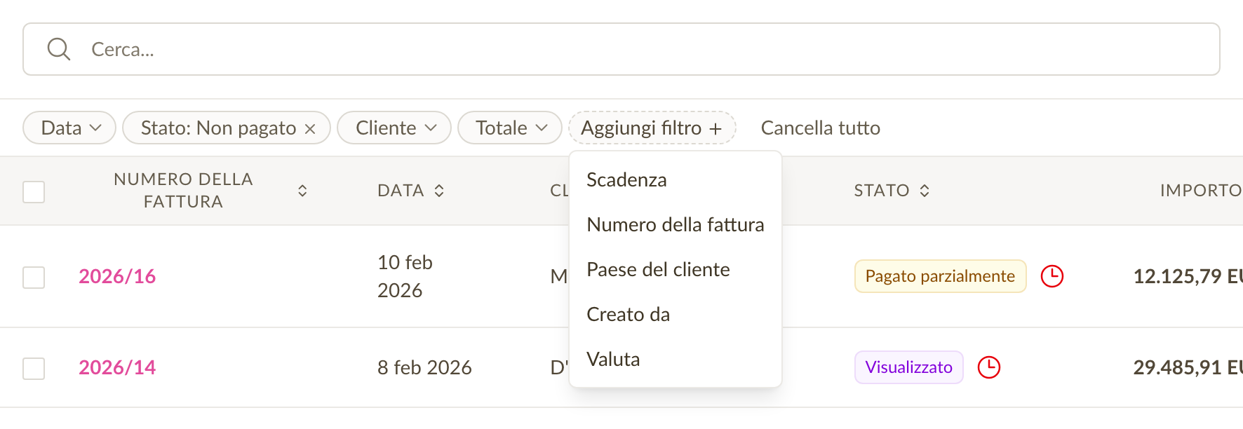 Filtri fatture
