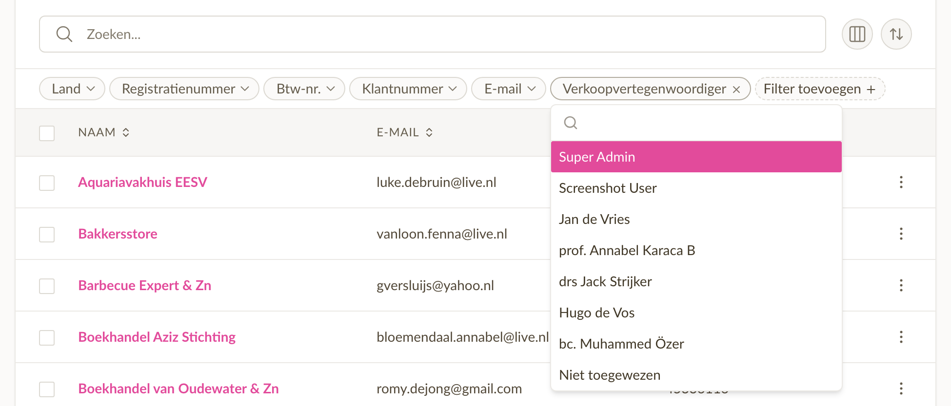 Verkoperfilter op de klantenlijst