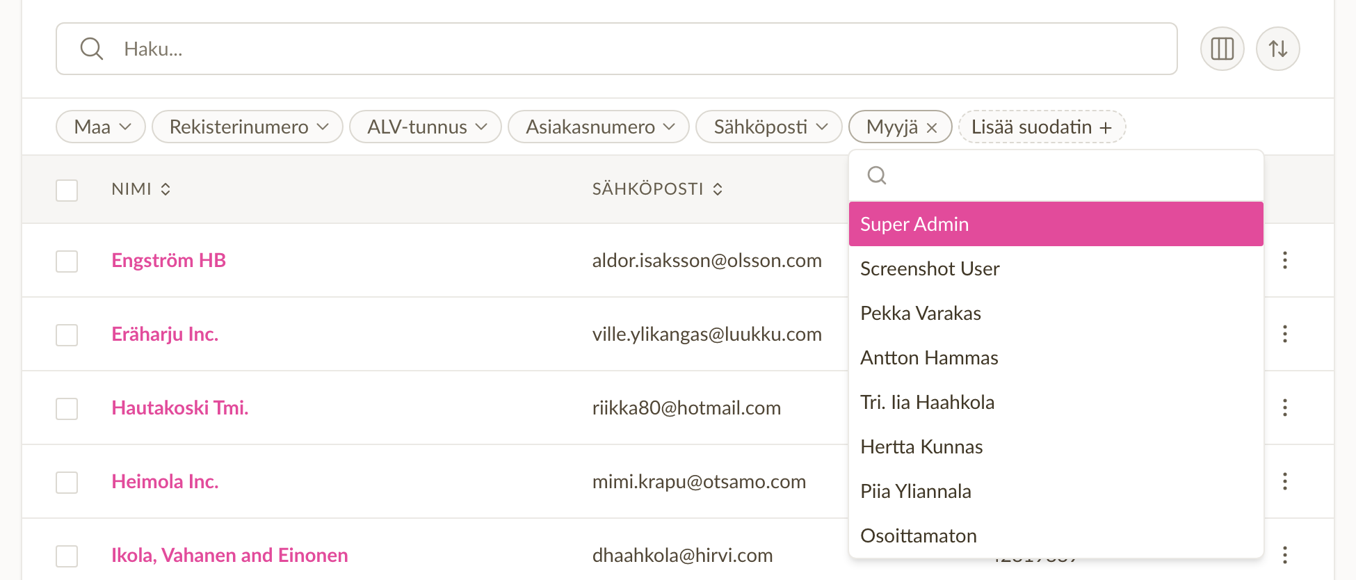 Myyjäsuodatin asiakaslistalla
