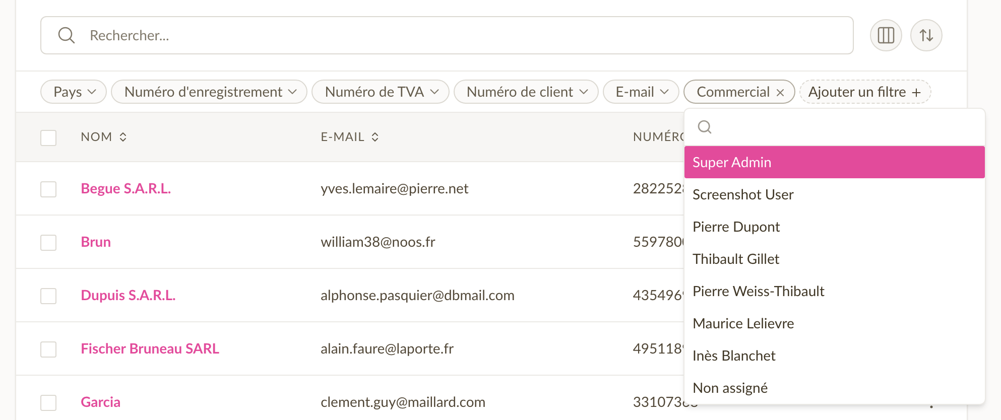 Filtre commercial dans la liste des clients