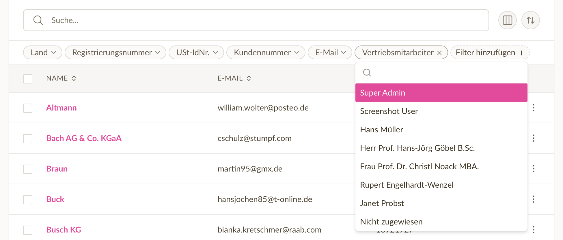 Vertriebsmitarbeiter-Filter in der Kundenliste