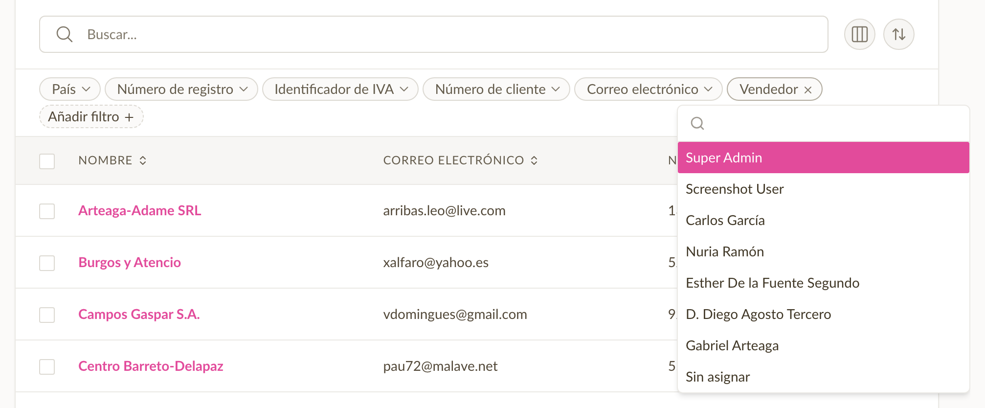 Filtro de vendedor en la lista de clientes