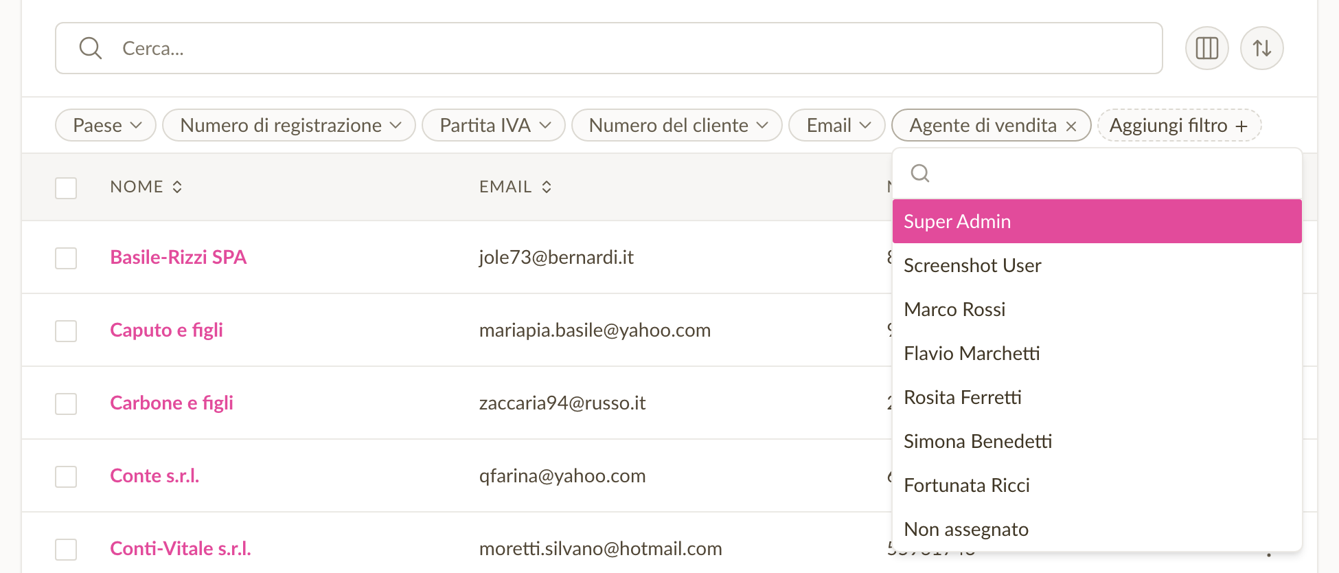 Filtro agente di vendita nell''elenco clienti