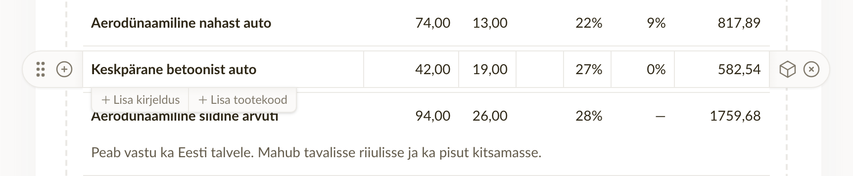 Nupud kirjelduse ja tootekoodi lisamiseks kursori all oleva rea all