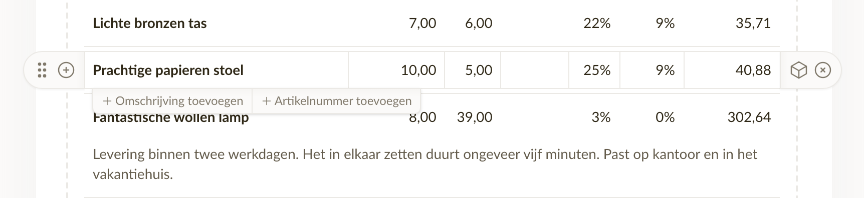 De knoppen voor omschrijving en artikelnummer onder een regel waar de muis overheen staat