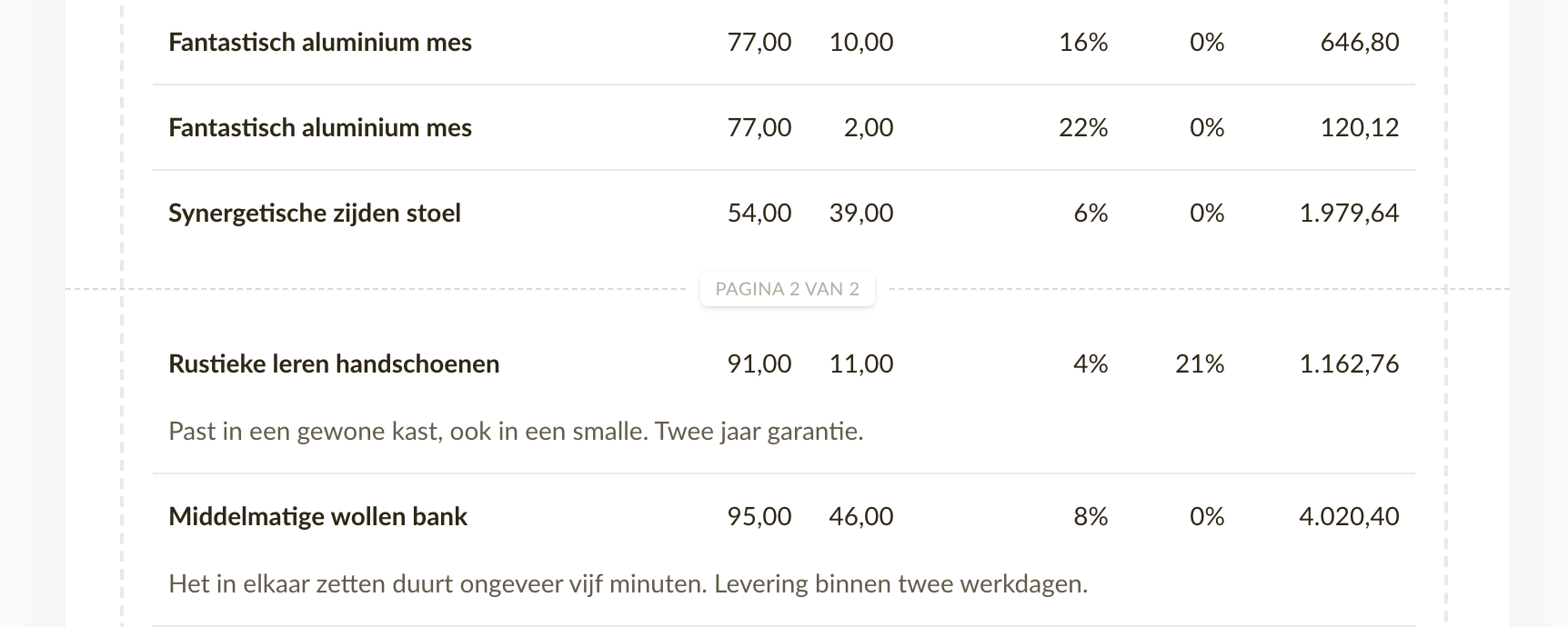 Een gestreepte lijn met paginanummer tussen twee factuurregels