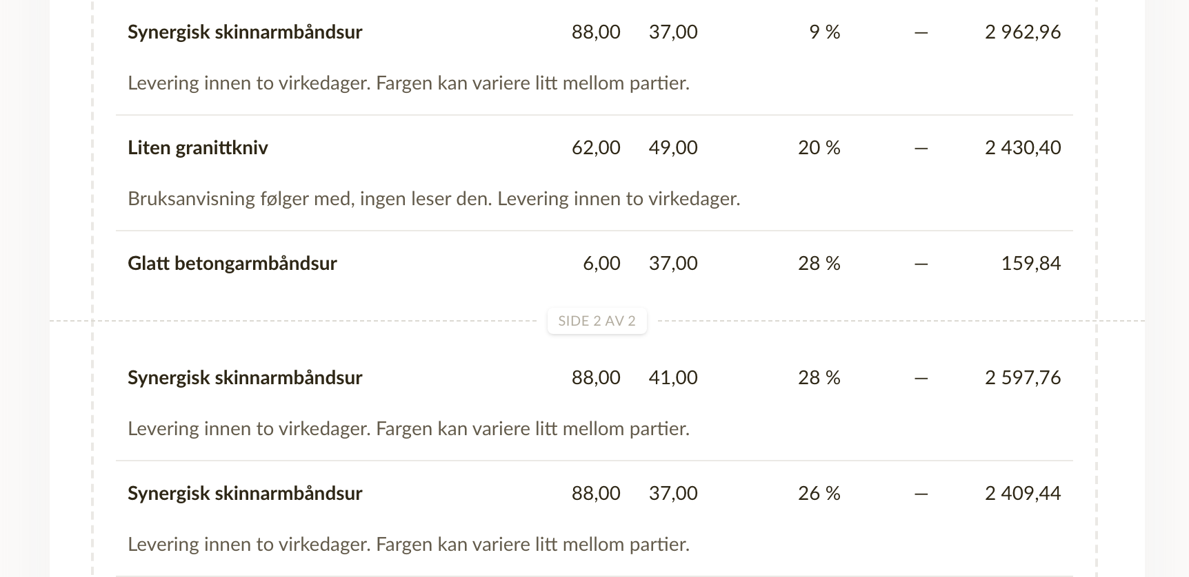 En stiplet linje med sidetall mellom to linjer på en faktura