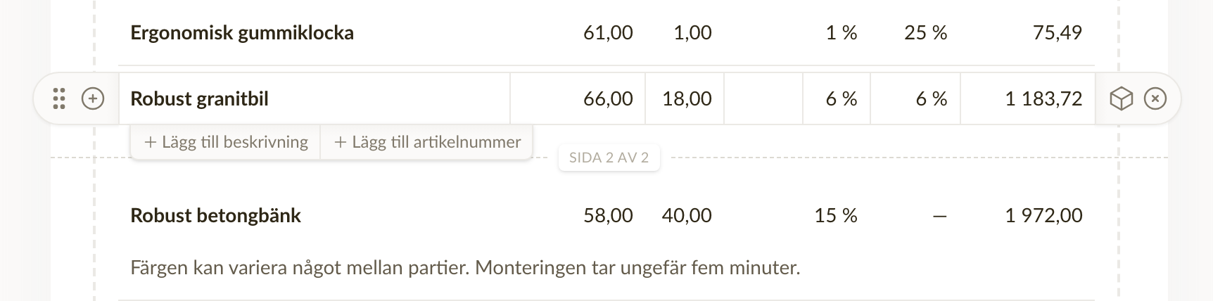 Knapparna för att lägga till beskrivning och artikelnummer under raden som muspekaren står på