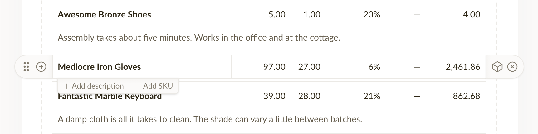 The add description and add SKU buttons under a hovered line item
