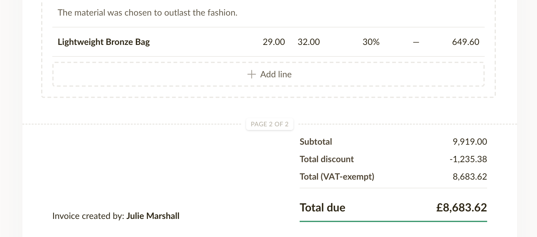 A dashed page break line between two invoice line items