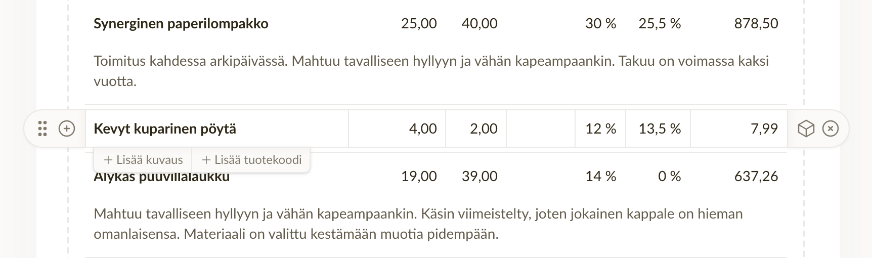 Kuvauksen ja tuotekoodin lisäysnapit sen rivin alla, jonka päällä osoitin on