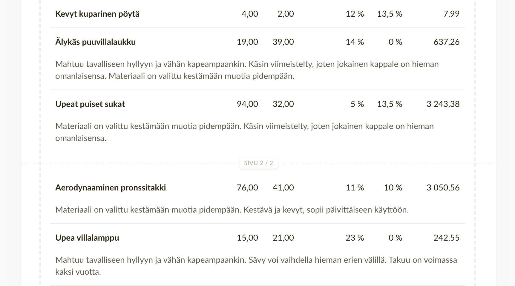 Katkoviiva kahden laskurivin välissä