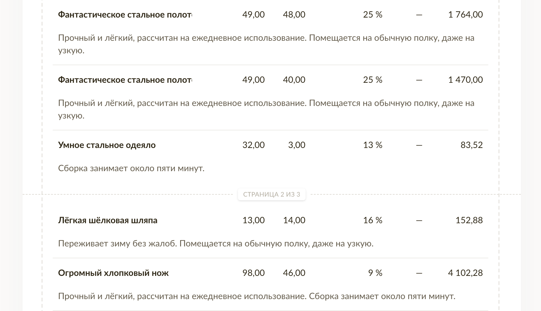 Пунктирная линия разрыва страницы между двумя строками счёта