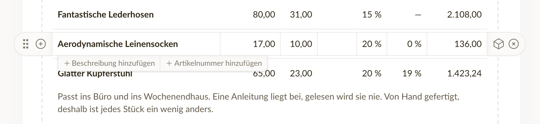 Die Schaltflächen für Beschreibung und Artikelnummer unter einer Position, über der der Mauszeiger steht