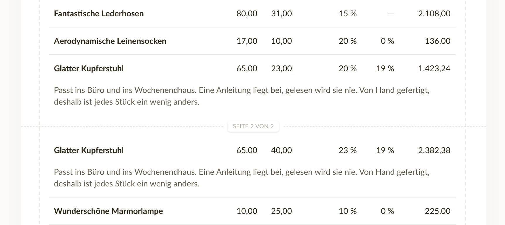Eine gestrichelte Seitenumbruch-Linie zwischen zwei Rechnungspositionen
