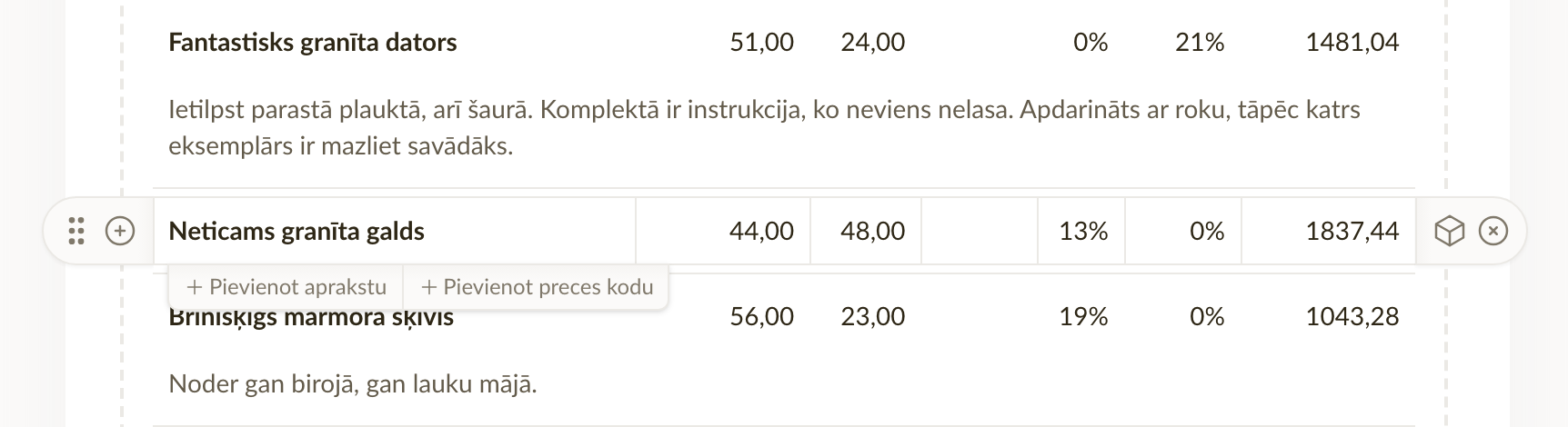 Apraksta un preces koda pievienošanas pogas zem rindas, uz kuras novietots kursors