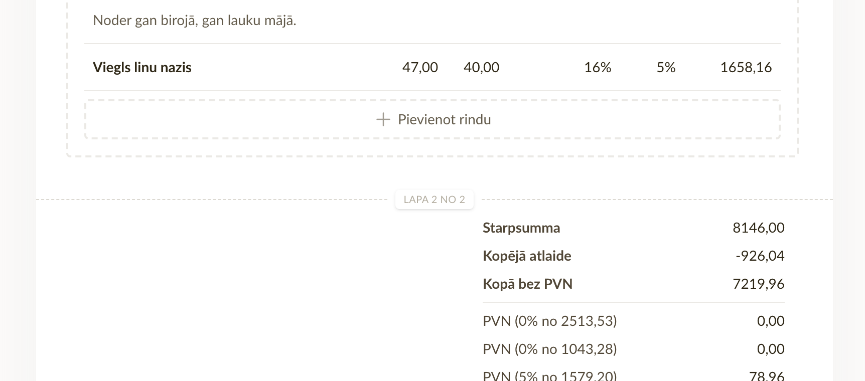 Punktēta lappuses robeža starp divām rēķina rindām