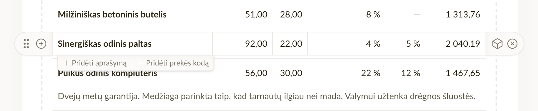 Aprašymo ir prekės kodo pridėjimo mygtukai po eilute, ant kurios užvesta pelė