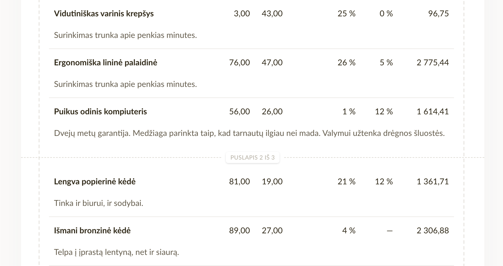 Brūkšninė linija tarp dviejų sąskaitos eilučių
