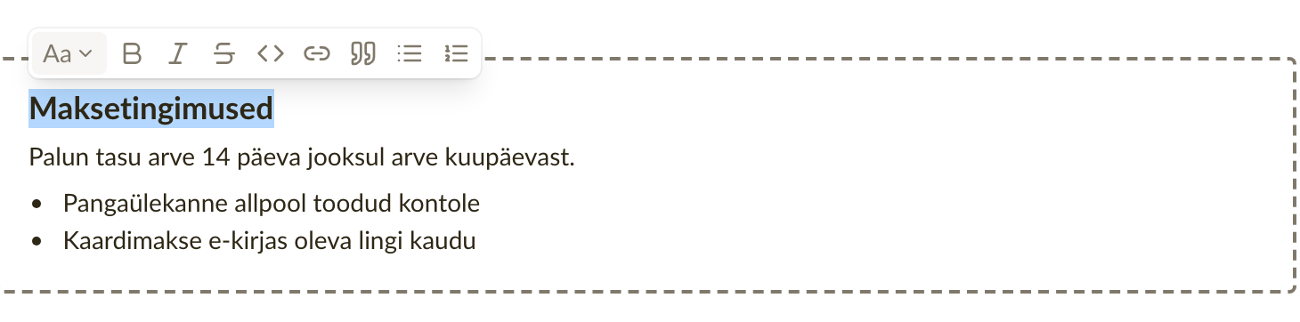 Vormindusriba arve märkustes valitud lause kohal