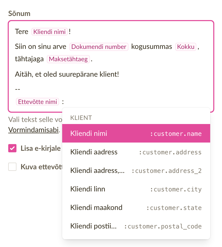 Kirjapõhi, mille sõnumis on kohatäitjate märgised ja avatud kohatäitjate nimekiri