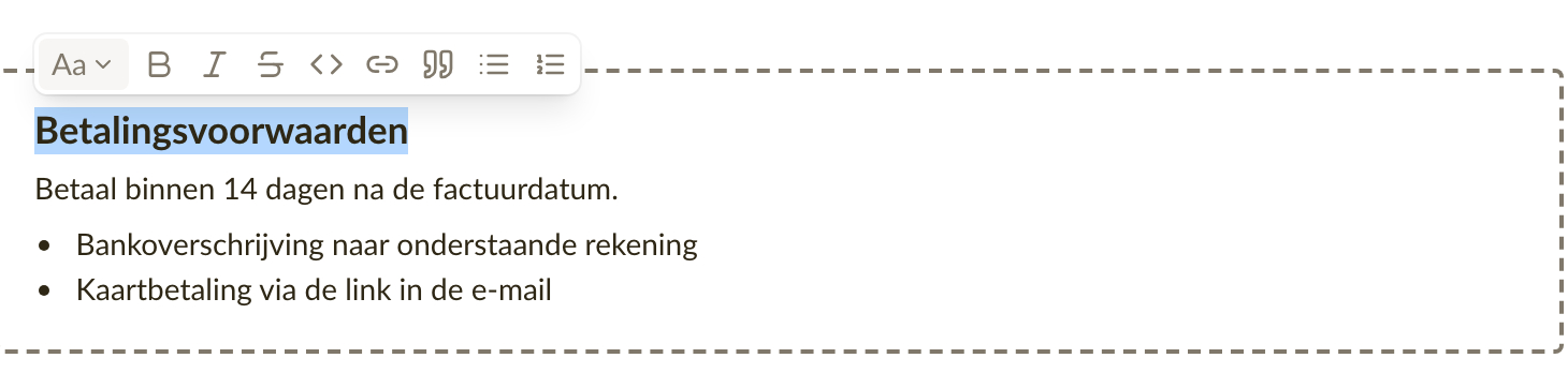 De opmaakwerkbalk boven een geselecteerde zin in de notities van een factuur