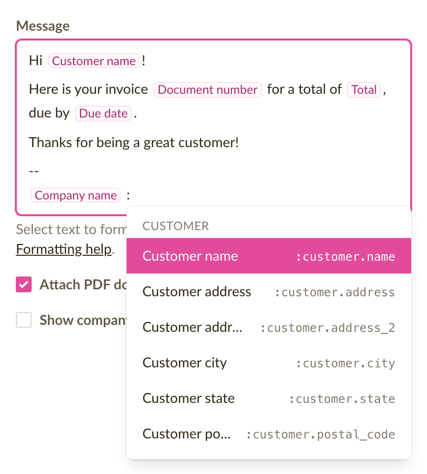 An email template with placeholder chips in the message and the placeholder list open