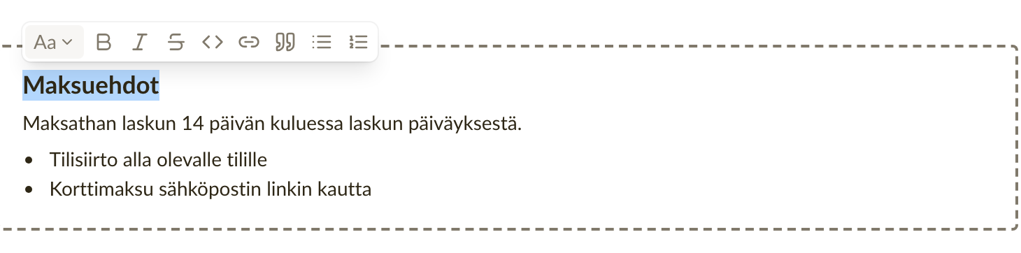 Muotoilun työkalurivi valitun lauseen yläpuolella laskun muistiinpanoissa