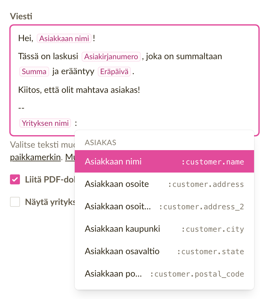 Sähköpostipohja, jonka viestissä on paikkamerkkejä ja paikkamerkkiluettelo avoinna