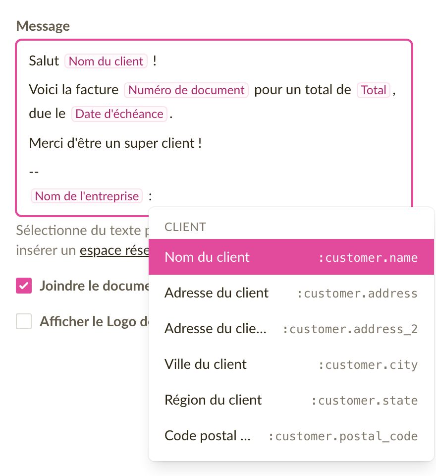 Un modèle d'e-mail avec des puces d'espaces réservés dans le message et la liste des espaces réservés ouverte