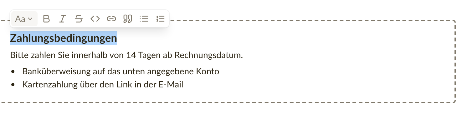 Die Formatierungsleiste über einem markierten Satz in den Notizen einer Rechnung