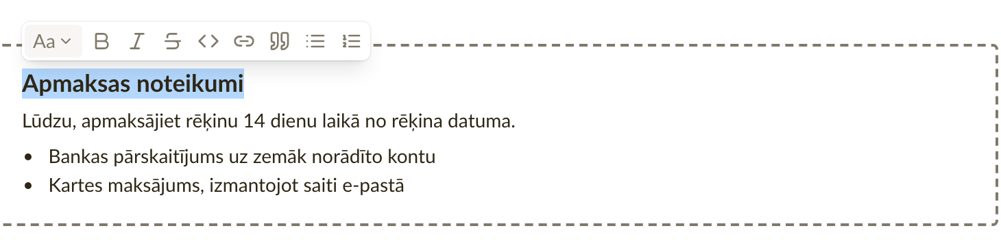 Formatēšanas rīkjosla virs iezīmēta teikuma rēķina piezīmēs