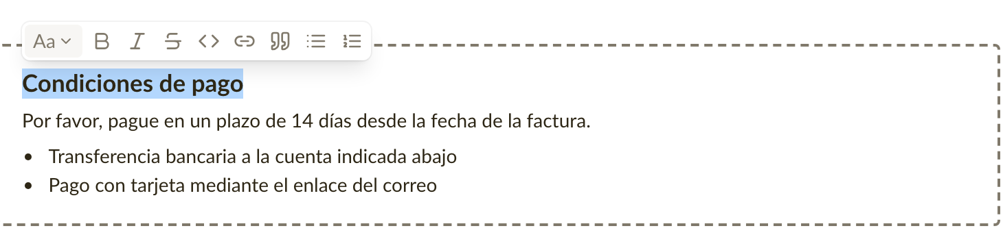 La barra de formato sobre una frase seleccionada en las notas de una factura