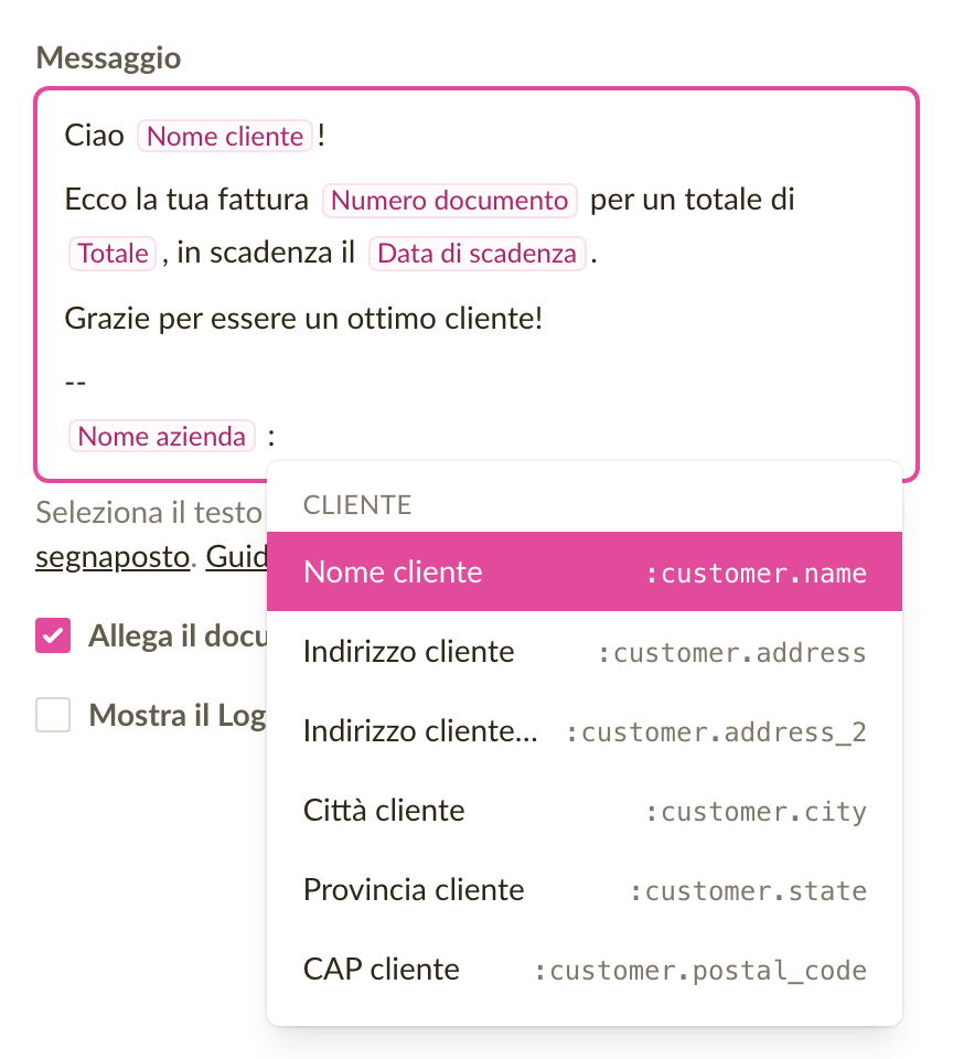 Un modello di e-mail con etichette di segnaposto nel messaggio e l'elenco dei segnaposto aperto