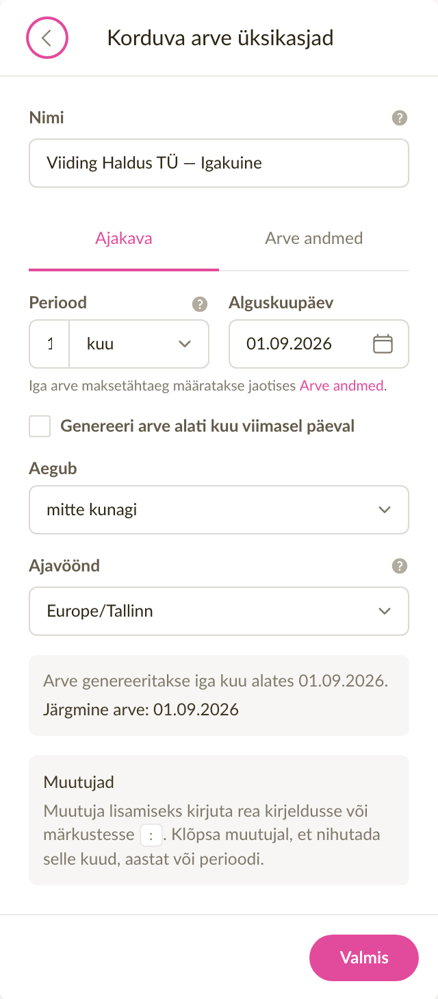 Korduva arve ajakava vahekaart, kus arve kordub iga kuu ning näha on alguskuupäev ja järgmise arve kuupäev